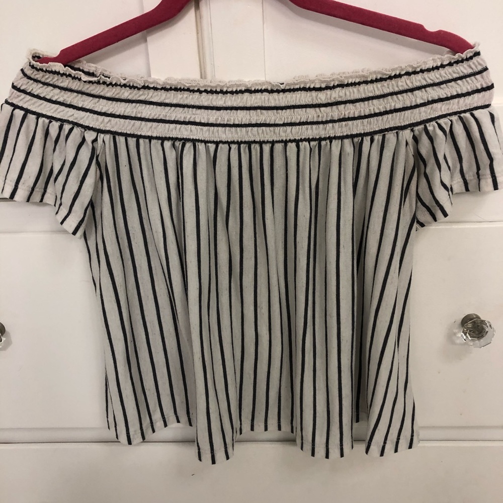 American Eagle White&Navy Stripes Off the Shoulder
